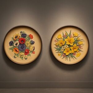 🌿 W.H. BOSSONS England  Set of 2 Large 1959 Hand-Painted Bas-Relief Floral RARE